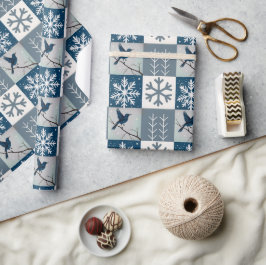 Blauwe Vogels & Sneeuwvlokken Kerstmis Winter Patr Cadeaupapier