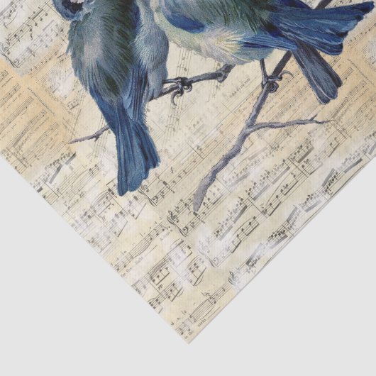 Blauwe vogels -  vel muziekpapier tissuepapier (Detail)