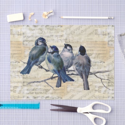Blauwe vogels - vel muziekpapier tissuepapier (Craft)
