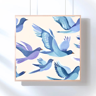 Blauwe Vogels Vliegen   Modern Aquarel Perfect Poster