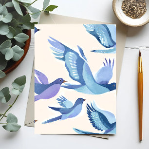 Blauwe Vogels Vliegen   Moderne Aquarel Briefkaart