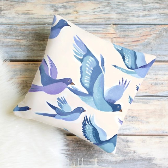 Blauwe Vogels Vliegen | Moderne Aquarel Kussen (Creator heeft geüpload)