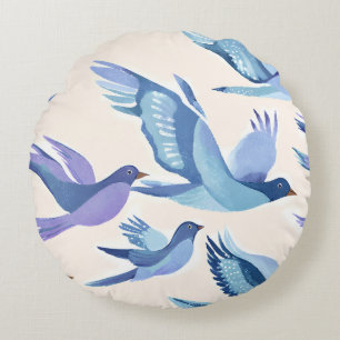 Blauwe Vogels Vliegen   Moderne Aquarel Rond Kussen