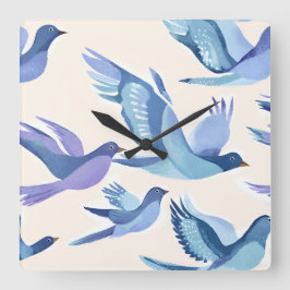 Blauwe Vogels Vliegen | Moderne Aquarel Vierkante Klok
