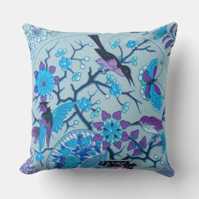 Blauwe Vogels & Vlinders Worp Kussen (Voorkant)