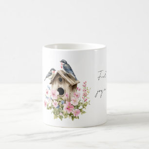 Blauwe Vogels Vogelhuis Freubde Roze Bloemen Koffiemok