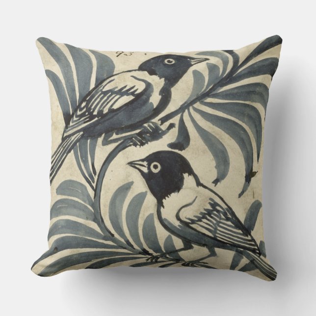 Blauwe vogels (waterverf op papier) kussen (Voorkant)