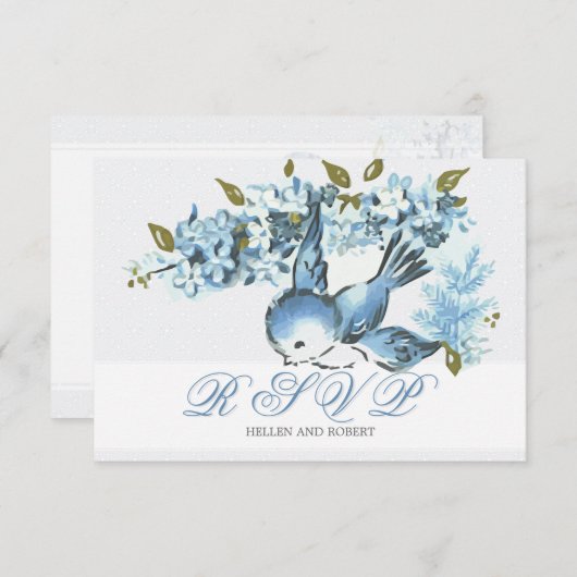 blauwe vogels winterbruiloft RSVP (Voorkant / Achterkant)