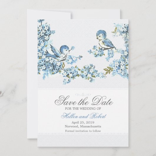 blauwe vogels winterhuwelijk sparen de datum save the date (Voorkant)