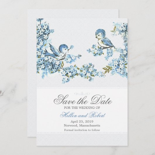 blauwe vogels winterhuwelijk sparen de datum save the date (Voorkant / Achterkant)