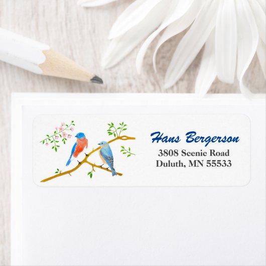 Blauwe vogels Witte Retouradreslabels Etiket (Insitu)