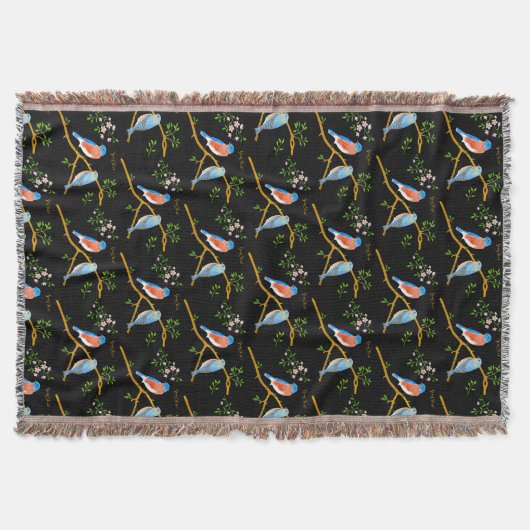 Blauwe vogels Zwart Deken (Voorkant)
