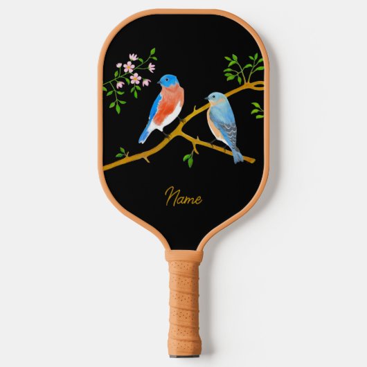 Blauwe vogels Zwart Pickleball Paddle (Voorkant)