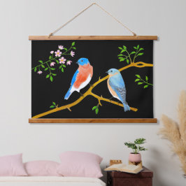 Blauwe vogels Zwarte houten wandtapijten met houte Hangend Wandkleed