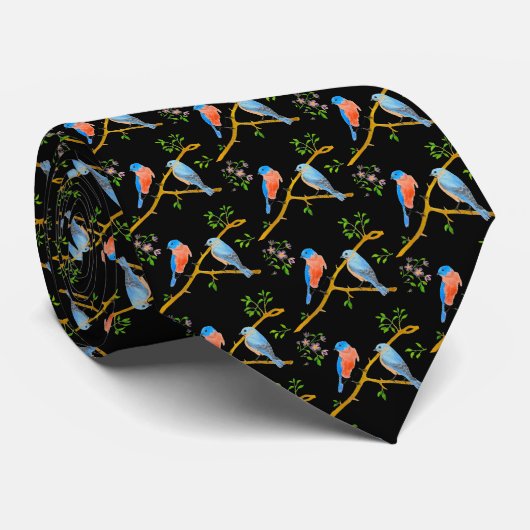 Blauwe vogels Zwarte stropdas (Opgerold)