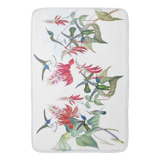Blauwe vogelvogels Roodbloemen Wit-mat Badmat (Voorkant Verticaal)