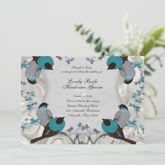  Blauwe Vogelvogels Zilveren bruiloft Uitnodiging (Staand voorkant)