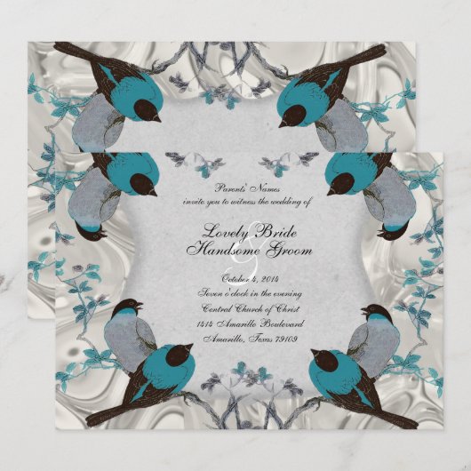  Blauwe Vogelvogels Zilveren bruiloft Uitnodiging (Voorkant / Achterkant)