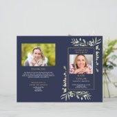 Blauwe volgorde van de dienst gebladerte rouwkaart (Staand voorkant)