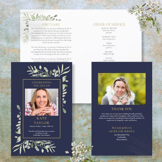 Blauwe volgorde van de dienst gebladerte rouwkaart