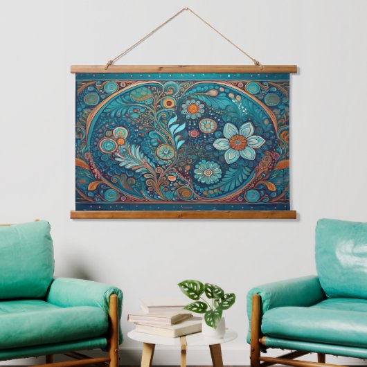 Blauwe volkskunst en Boho Wall Hanging Hangend Wandkleed (Woonkamer)