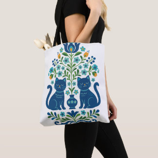 Blauwe volkskunstkatten – Whimsical bloemkatontwer Tote Bag