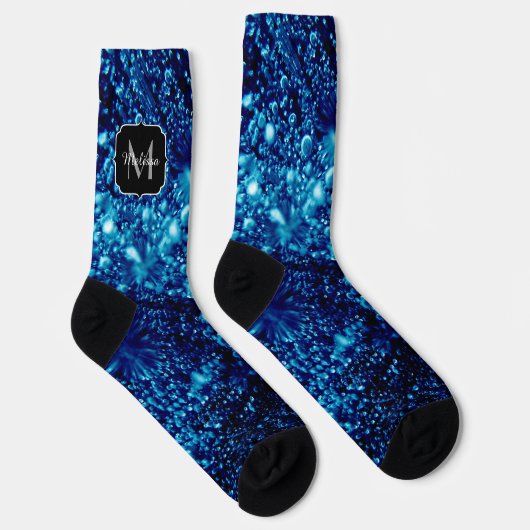Blauwe vonken Abstract Bevroren bellen Monogram Sokken (Rechts)
