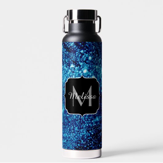 Blauwe vonken Abstract Bevroren bellen Monogram Waterfles (Voorkant)