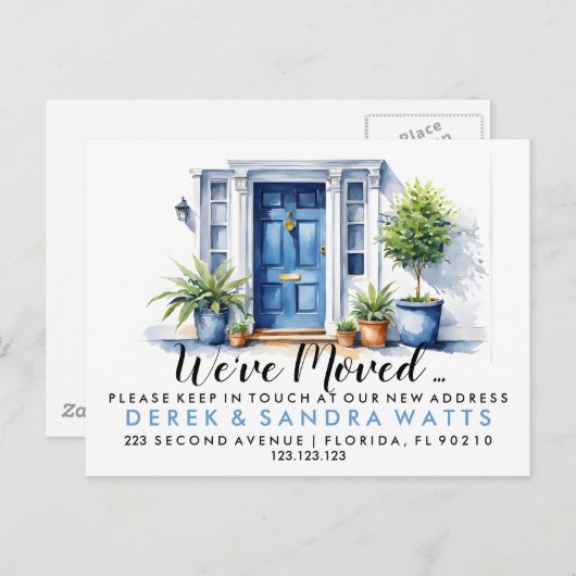 Blauwe voordeur Adreswijziging, verhuisd huis Aankondigingskaart (Voorkant / Achterkant)