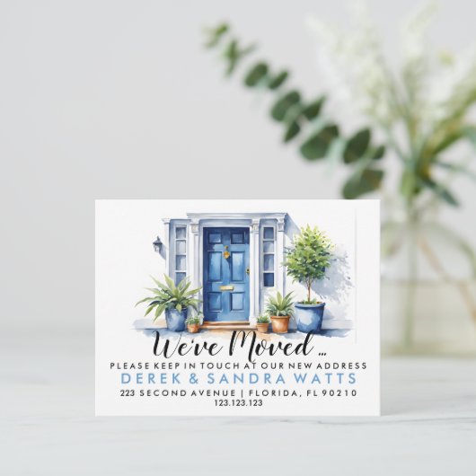 Blauwe voordeur Adreswijziging, verhuisd huis Aankondigingskaart (Staand voorkant)