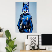 Blauwe vos in politieuniform | AI Art Poster (Thuiskantoor)