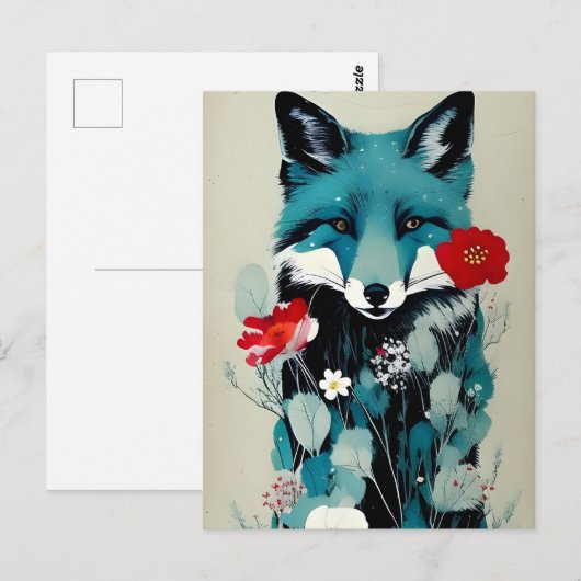 Blauwe Vos Rode en Witte Bloemen Briefkaart (Voorkant / Achterkant)
