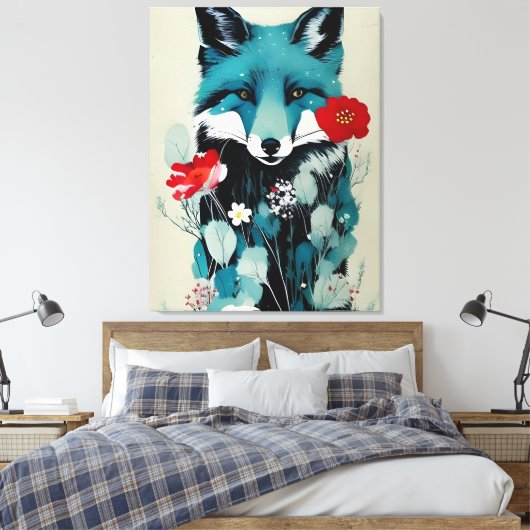 Blauwe Vos Rode en Witte Bloemen Canvas Afdruk (Insitu (Slaapkamer))