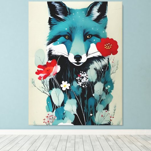 Blauwe Vos Rode en Witte Bloemen Canvas Afdruk (Insitu (Houten vloer))