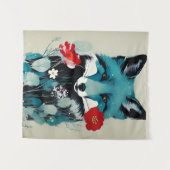 Blauwe Vos Rode en Witte Bloemen Wandkleed (Voorkant (horizontaal))
