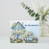 Blauwe  Vrachtwagen en Huis We zijn Moving Briefkaart (Staand voorkant)
