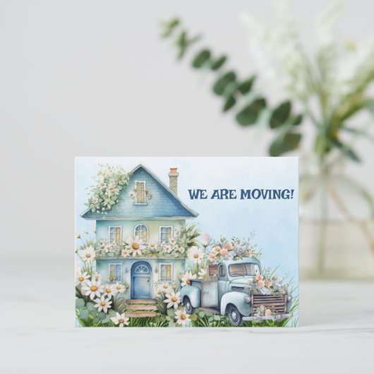 Blauwe  Vrachtwagen en Huis We zijn Moving Briefkaart (Staand voorkant)