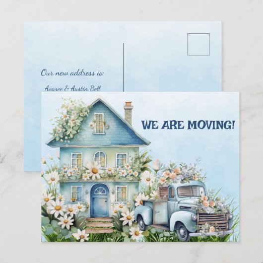 Blauwe Vrachtwagen en Huis We zijn Moving Briefkaart (Voorkant / Achterkant)