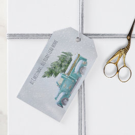  Blauwe Vrachtwagen met Kerstboom Cadeaulabel