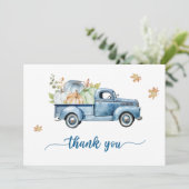 Blauwe Vrachtwagen Pompoen Baby shower Bedankkaart (Staand voorkant)