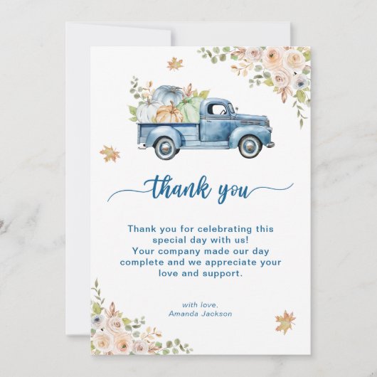 Blauwe Vrachtwagen Pompoen Baby shower Bedankkaart (Voorkant)