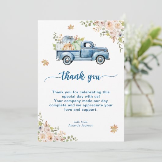 Blauwe Vrachtwagen Pompoen Baby shower Bedankkaart (Staand voorkant)