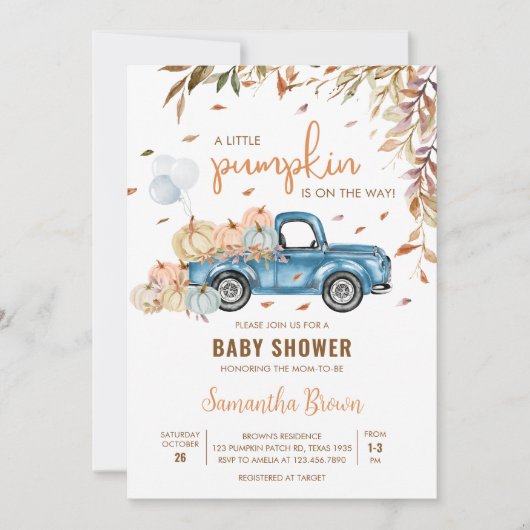 Blauwe Vrachtwagen Pompoen Baby shower Kaart (Voorkant)