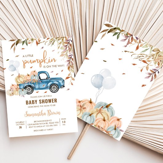 Blauwe Vrachtwagen Pompoen Baby shower Kaart