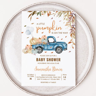 Blauwe Vrachtwagen Pompoen Baby shower Kaart