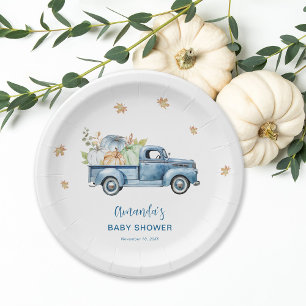 Blauwe Vrachtwagen Pompoen Baby shower Papieren Bordje