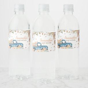 Blauwe Vrachtwagen Pompoen Baby shower Waterfles Etiket