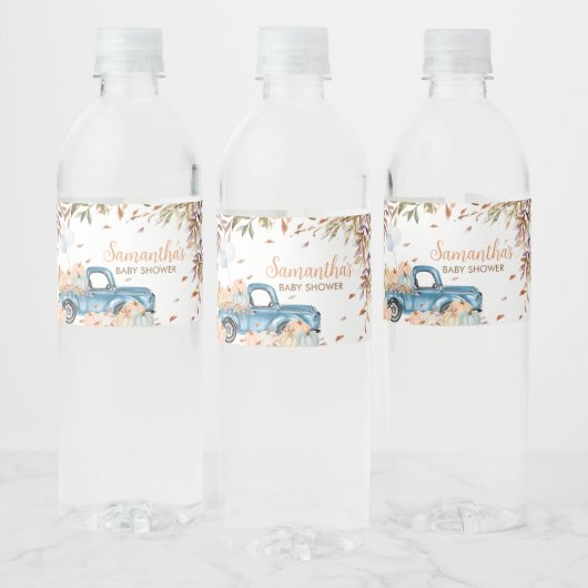 Blauwe Vrachtwagen Pompoen Baby shower Waterfles Etiket (Flessen)