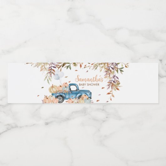 Blauwe Vrachtwagen Pompoen Baby shower Waterfles Etiket (Enkel label)