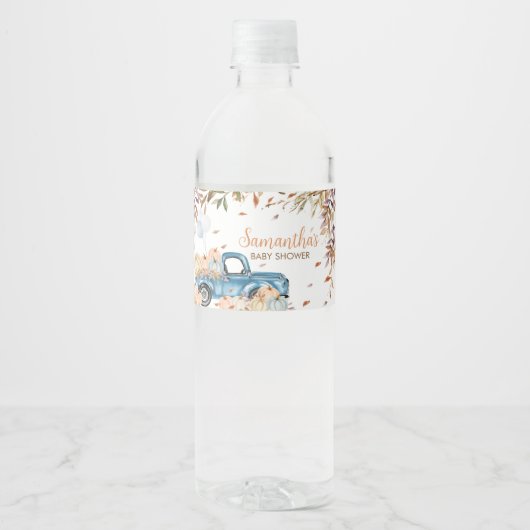 Blauwe Vrachtwagen Pompoen Baby shower Waterfles Etiket (Voorkant)